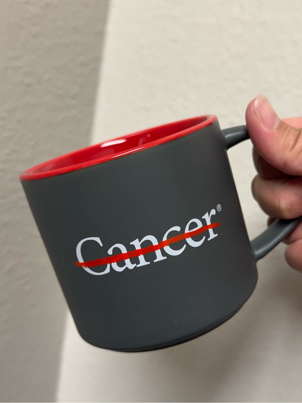 Cancer Awareness Ceramic Coffee Mug - Gray with Red Interior